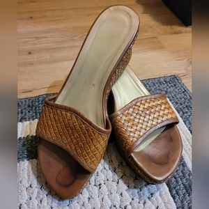 Stuart Weitzman Woven Leather Wedge Platform Slides